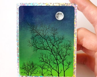 Pegatina de vinilo con brillantina de luna llena sobre bosque, auroras boreales, pegatina de paisaje brillante, decoración para portátil, pegatina para botella de agua