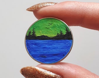 Scenic Lake Painting, Painting On A Quarter, Cabin Decor, Tiny Ocean Art, Coin Art Tiny Art, Miniature Art, Hand Painted Money Original Art