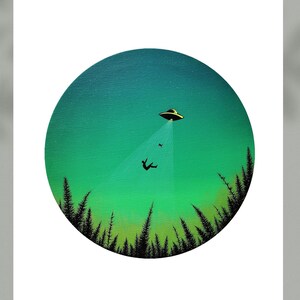 Alien Art, UFO With Cat Art Print, Space Ship Artwork, Round Art Print, Surreal Artwork, Flying Saucer,  Science Fiction, UFO Abduction Man