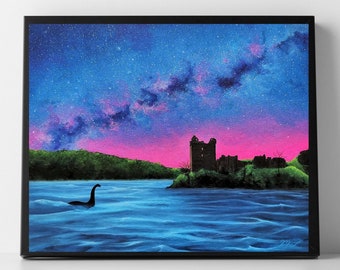 Loch Ness Monster Painting Art Print, Scotland Artwork, Urquhart Castle, Nessy Artwork, Fantasy & Sci Fi, Nessie, Scottish Folklore Artwork