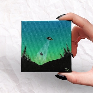 Tiny UFO Painting, Spaceship, Cat Art, Desk Decor, Alien Art, Space Ship Painting. Ufo artwork, Flying Saucer With Cat, Cat UFO, Small Art