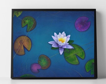 Water Lily Painting, Lilly Pond Art, Water Lotus Artwork, Serene Tranquil Painting, Landscape Scenery, Artwork Print, Spa Art, Water Flowers