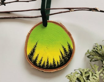 Green Forest Holiday Ornament, Northern Lights Rustic Ornament, Wood Ornament, Handmade Christmas Ornament, Nature Art, Painted Ornament Art