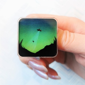 Cat Abduction Acrylic Pin: Funny Alien UFO Art
