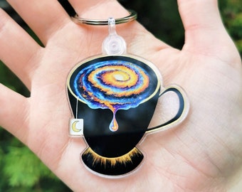 Tea Cup Keychain, Space Tea Acrylic Key Charm, Sci-Fi Art, Tea Lover Key Ring, Fantasy Artwork, Coffee Lover, Barista Keychain, Cappuccino