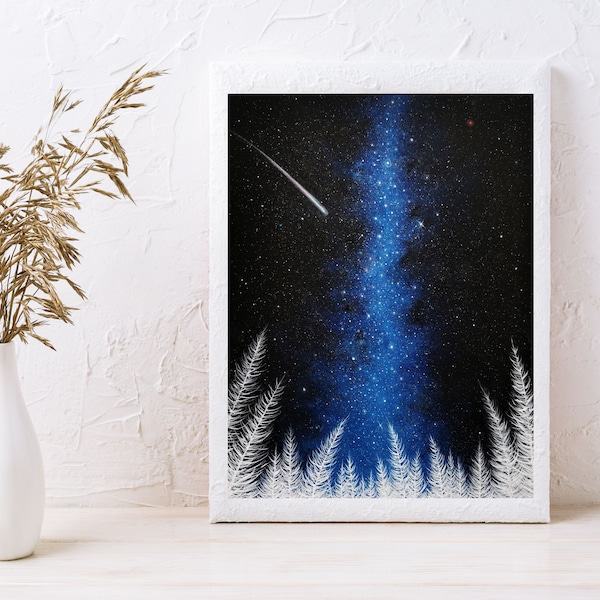 White Forest Art Print, Snow Covered Forest Artwork, Christmas Wall Decor, Holiday Decoration, Winter Landscape, Star Filled Sky Art, 8x10