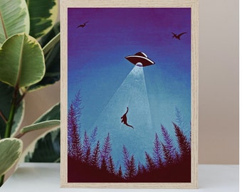 Arte de dinosaurios azules, Arte OVNI, Arte mural azul, Arte de braquiosaurios, Arte alienígena, Platillos voladores, Láminas de arte de ciencia ficción, Impresiones artísticas