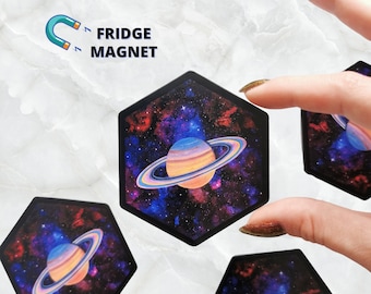 Saturn Hexagon Fridge Magnet, Planet Magnet, Celestial Fridge Magnet, Vinyl Magnet, Art For Kitchen, Art Space Gift, Nebula Art Solar System
