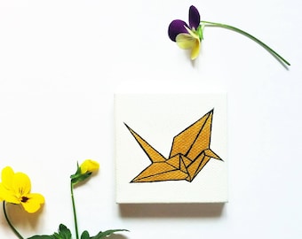 Gold Paper Crane Painting, Tiny Painting, Origami Crane, Gold Crane, Vector Art Paper Crane Artwork, Origami Bird, Bird Vector Miniature Art