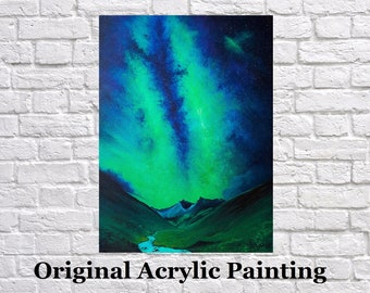Northern Lights Acrylic Painting, Aurora Borealis Artwork, Landscape Painting, Painting On Canvas Fine Art, Landscape Artwork, Celestial Art