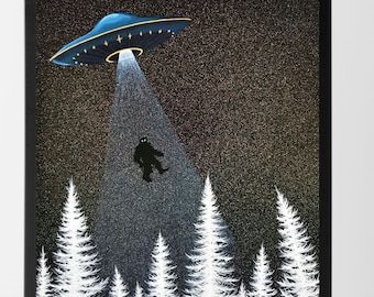 Bigfoot Abduction Art Print: UFO Sci-Fi Artwork