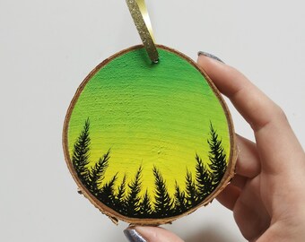 Yellow Green Christmas Decoration, Christmas Decor, Hand Painted Ornament, Green Wooden Ornament, Handmade Christmas Art, Office Gift Idea