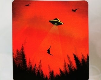 Red Holographic UFO Dinosaur Sticker, Alien Sticker, Glossy Sticker, Laptop Sticker, Vinyl Sticker, Paranormal Sticker, Extra Terrestrial
