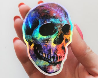 Holographic Skull Vinyl Sticker: Hand-Drawn Halloween Decor