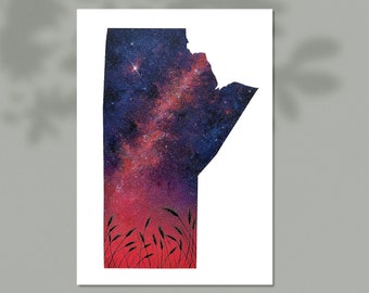 May include: A watercolor painting of the outline of the Canadian province of Manitoba filled with a starry night sky. The sky is a mix of blue, purple, and pink with a bright star in the upper left corner. The bottom of the outline is filled with a red and orange sunset with black silhouettes of tall grass.