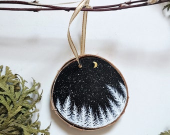 Black, White, Gold Christmas Tree Decoration, Snowy Forest, Handpainted Ornament, Wooden Ornament, Handmade Christmas Art, Wood Painting