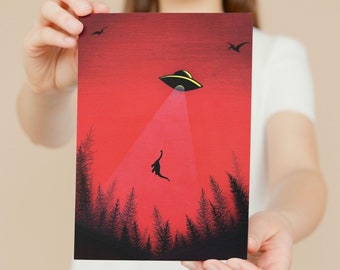 Dinosaurio con obra de arte OVNI, arte de pared negro rojo, obra de arte Brachiosaurus, arte alienígena, platillo volador, impresión de arte de ciencia ficción, impresión de bellas artes