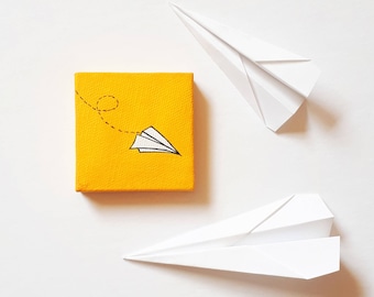 Yellow Paper Airplane Art, Little Paper Airplane, Paper Plane Painting, Tiny Painting, Mini Art, Miniature Artwork, Aviation, Minimalist Art