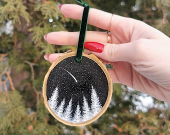 Black And White Christmas Tree Decoration, Snowy Forest, Hand Painted Ornament, Wooden Ornament, Handmade Christmas Art, Wood Round Painting