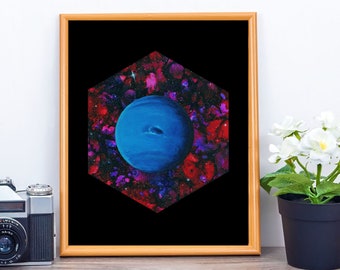 Neptune Hexagon Signed Art Print, Outer Space Wall Art, Fine Art Print, Colorful Space Artwork, Blue Planet, Hexagon Art, Celestial Artwork