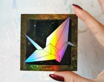 Holographic Paper Crane Sticker, Origami Crane Sticker, Shinny Vinyl Laptop Sticker, Iridescent Color Shifting Sticker, Gift Under 5