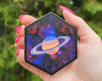 Saturn Hexagon Matte Vinyl Stickers, Outer Space Illustration, Planet In Space Artwork, Original Art Stickers, Space Decal, Universe Sticker