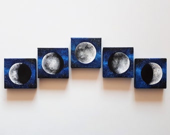 Moon Phases Set Of Five, Made To Order. Moon Phases Art, Phases Of The Moon Painting, Moonscape Artwork, Full Moon Half Moon Outer Space Art