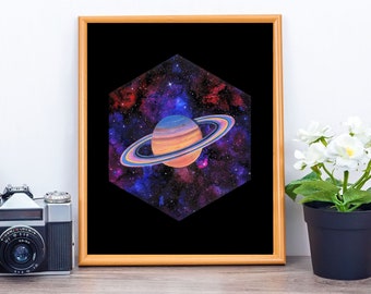 Saturn Signed Art Print, Outer Space Wall Art, Fine Art Print, Colorful Space Artwork, Planets, Hexagon Art, Celestial Artwork, Saturn Wall