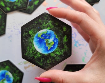 Earth Hexagon Matte Vinyl Stickers, Earth Illustration, Planet Earth In Space Artwork, Original Art Stickers, Earth Decal, Universe Sticker