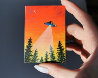 Red UFO Art Sticker, Matte Colorful Sci-Fi Sticker, Aliens Sticker, Original Art, Flying Saucer Sticker, Laptop Sticker, Forest Artwork