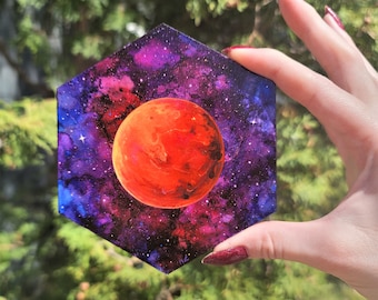 Mars Painting, The Red Planet, Hexagon Mixed Media Painting, Colorful Space Art, Celestial Painting, Space, Acrylic Ink Original Painting
