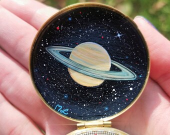 Hand Painted Saturn Pocket Compass, Gold Compass, Space Art, Artwork On Compass, Compass With Secret Art Inside, Space Compass, Galaxy Art