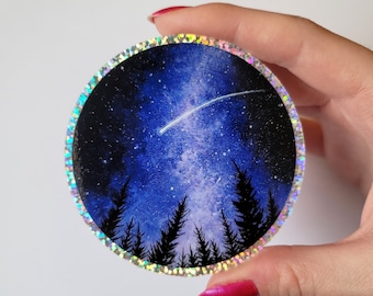 Forest Glitter Sticker, Falling Star Deco, Night Sky Round Sticker, Forest Sparkling Sticker, Laptop Decoration, Waterbottle Art Sticker