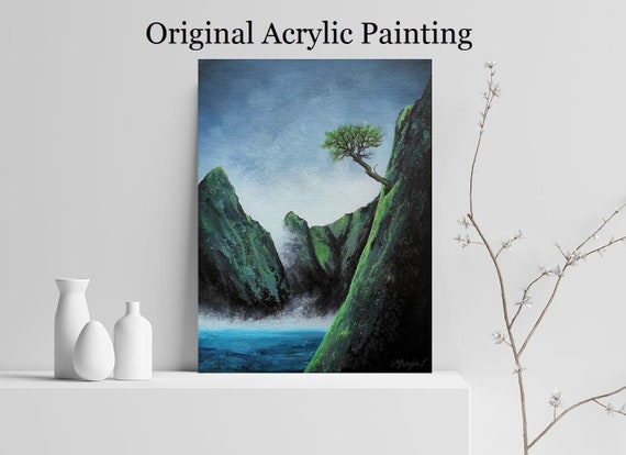 Original Acrylic Painting, Mountain Artwork, Mountain And Tree, Painting On Canvas, Dreamscape Art, Landscape Artwork, Mist Painting, Decor