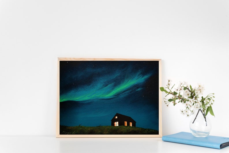 Northern Lights Painting Print, Aurora borealis Art, Landscape Scenery, Artwork Print, Aurora Art, Northern Lights Wall Art, Polar Lights, image 1