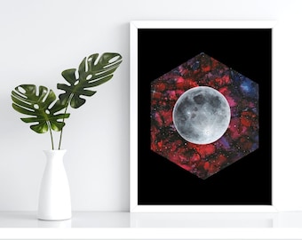 Full Moon Signed Art Print, Outer Space Wall Art, Fine Art Print, Colorful Space Artwork, Planets, Hexagon Art, Celestial Artwork, Moon Art