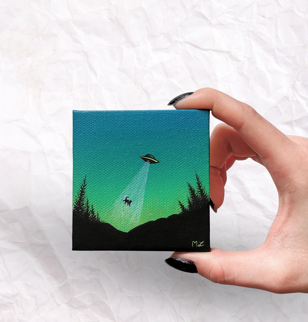 小さな UFO の絵画、宇宙船、猫のアート、デスクの装飾、エイリアン