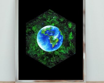 Earth Hexagon Signed Art Print, Outer Space Wall Art, Fine Art Print, Colorful Space Artwork, Planets, Hexagon Art, Celestial Artwork