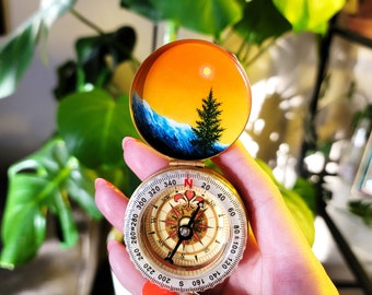 Hand Painted Sunset Pocket Compass, Gold Compass, Mountain Sunset Art, Travel Gift for Dad, Vintage Style, Art On Gold Compass, Nature Gift