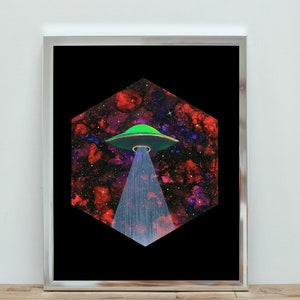 Flying Saucer Hexagon Print, Outer Space Wall Art, Fine Art Print, Colorful Space Artwork, UFO Aliens, Hexagon Art, Celestial Artwork,