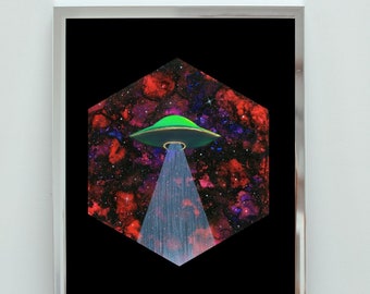 Flying Saucer Hexagon Print, Outer Space Wall Art, Fine Art Print, Colorful Space Artwork, UFO Aliens, Hexagon Art, Celestial Artwork,