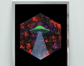 円形抽象画 UFO 宇宙 UFO 宇宙船 空飛ぶ円盤 エイリアン スーパームーン 三日月 雲 星 宇宙