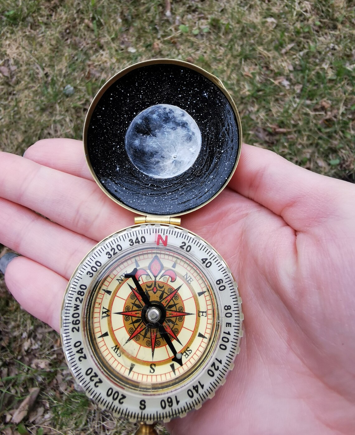 Hand Painted Moon Pocket Compass Gold Compass Moon Art Etsy