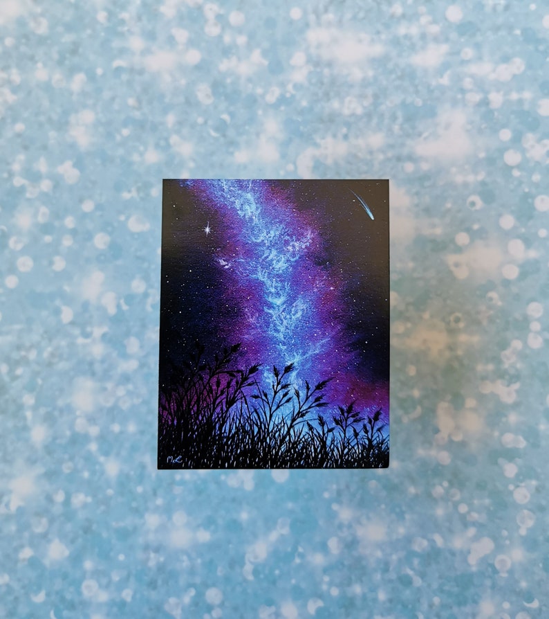 May include: A painting of a dark blue and purple galaxy with a shooting star in the upper right corner. The galaxy is over a silhouette of tall grass.