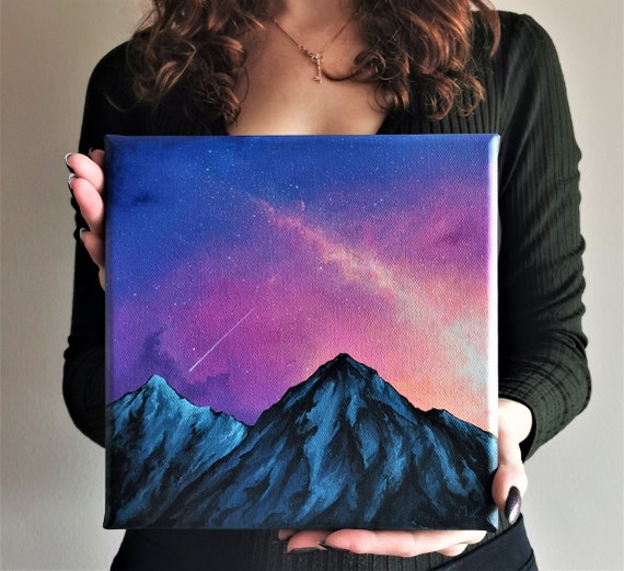 Mountain Artwork, Original Acrylic Painting, Pastel Color Sky Painting, Mountain Wall Art, Painting On Canvas, Kids Room Art, Dreamy Artwork