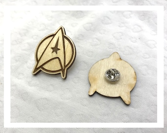 Laser engraved Star Trek com badge  pins pushback pins wood etched