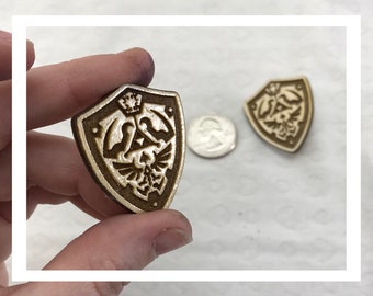Laser engraved Legend of Zelda Shield pins pushback pins wood etched retro Hylian Hyrule