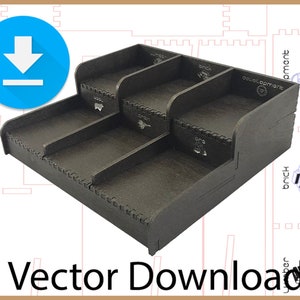 May include: A dark brown, multi-tiered wooden organizer with several compartments. The organizer has a stepped design and features the text "Vector Download" and a download icon. The compartments are labeled with small text and icons.