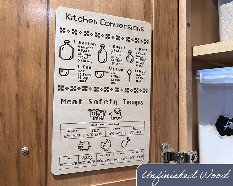 May include: A wooden kitchen conversion and meat safety temperatures chart. The chart includes measurements for gallons, quarts, pints, cups, and tablespoons. It also lists safe cooking temperatures for various meats. The text "Unfinished Wood" is at the bottom.