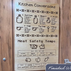 May include: A wooden kitchen conversion and meat safety temperatures chart. The chart includes measurements for gallons, quarts, pints, cups, and tablespoons, along with cooking temperatures for various meats. The text "Finished Wood" is at the bottom.
